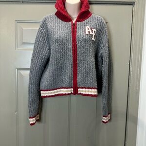 American Eagle Grey Preppy Red Trim Jacket Cozy Casual Letterman Style